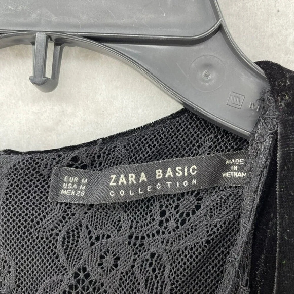 Zara Basic Collection Dress Womens M Black Velvet Lace Trim Zipper Fit & Flare - Picture 9 of 11